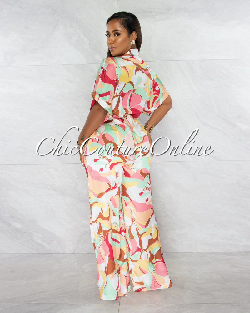 *Tanysa Salmon Floral Print Waist Tie Silky Jumpsuit