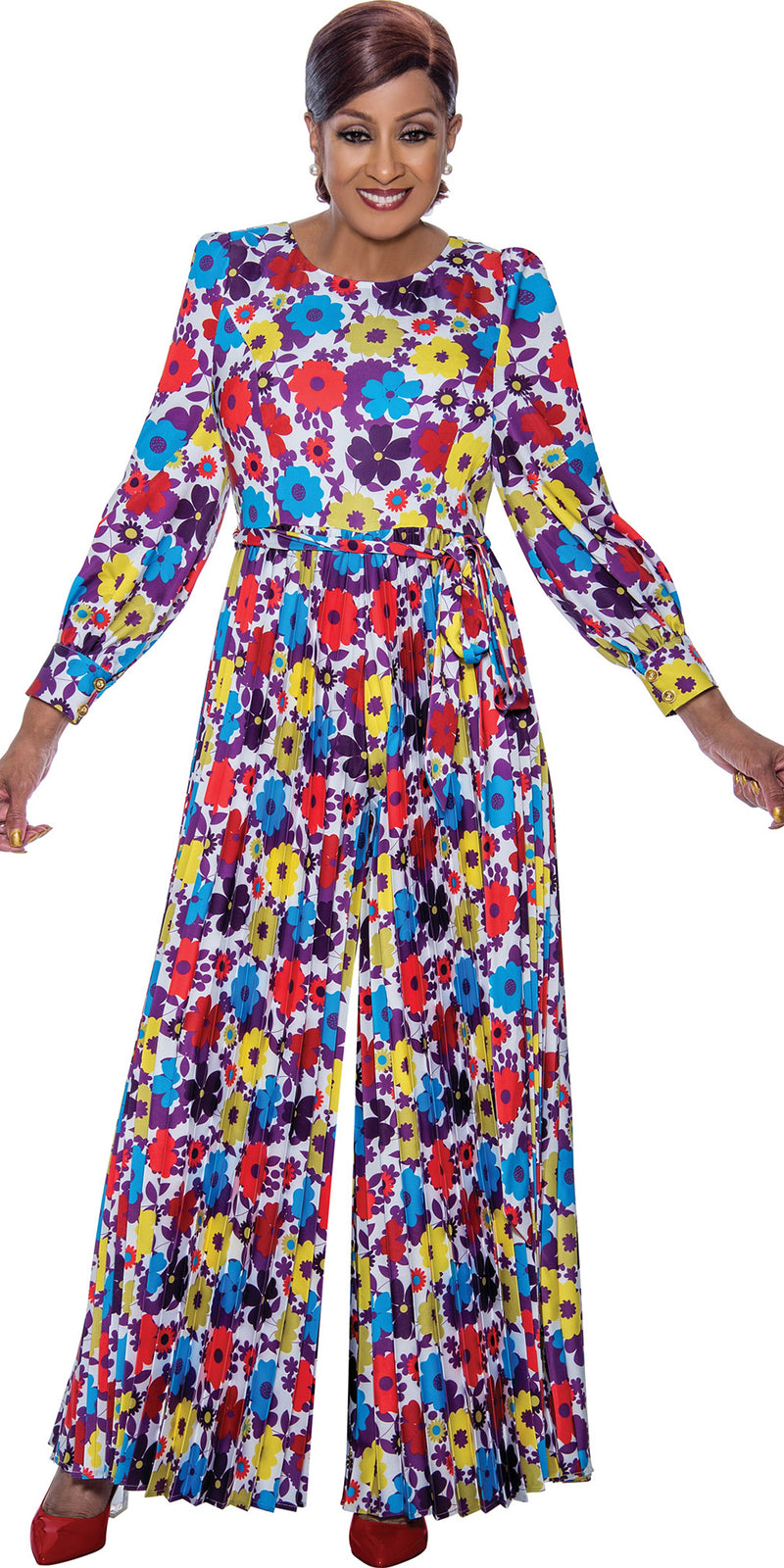 Dorinda Clark Cole - DCC5001 - Floral Print Pleat Leg Belted Jumpsuit