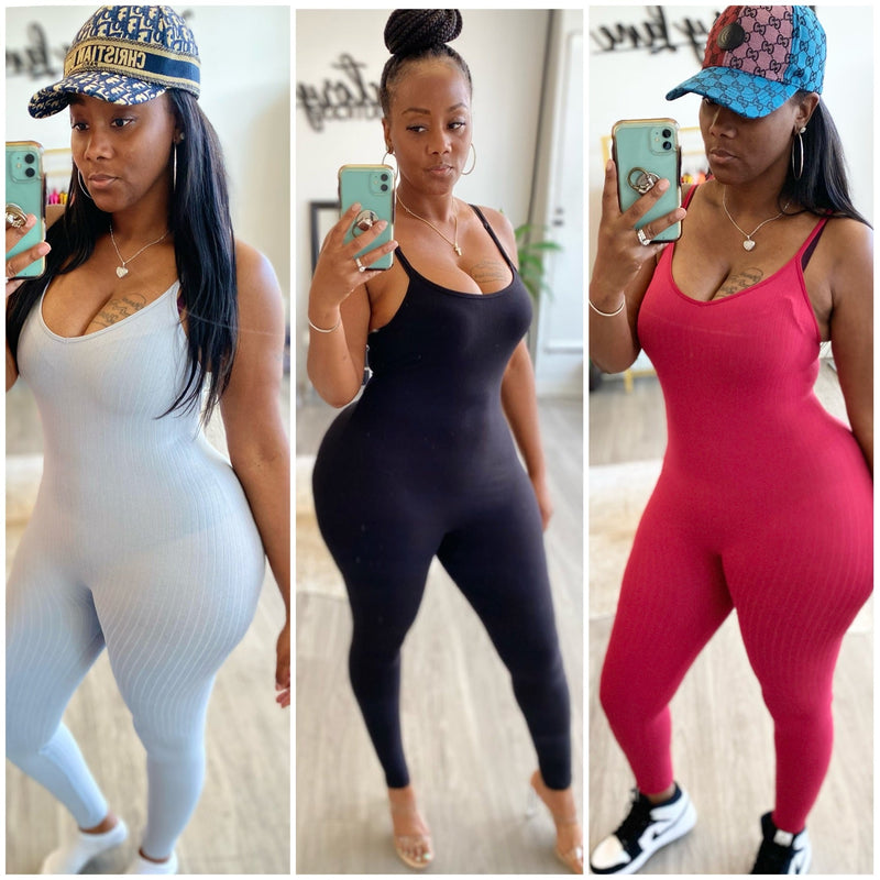 Stretch Seamless Ribbed Spaghetti Strap Jumpsuit