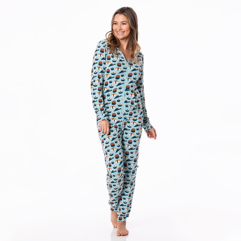 Women's Print Long Sleeve Jumpsuit with Hood in Jade Sushi