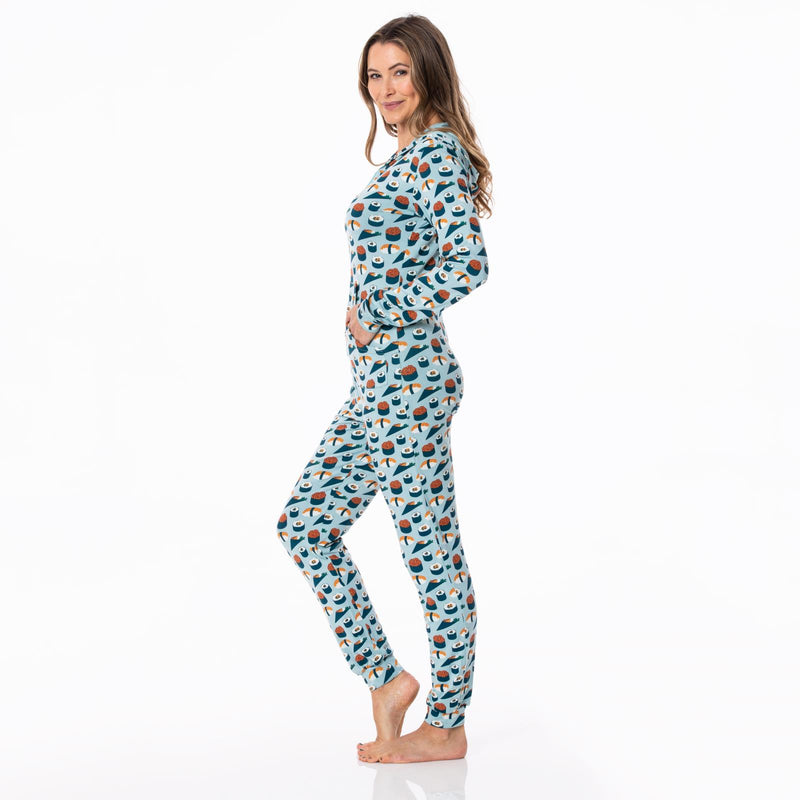 Women's Print Long Sleeve Jumpsuit with Hood in Jade Sushi