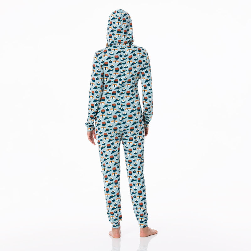 Women's Print Long Sleeve Jumpsuit with Hood in Jade Sushi