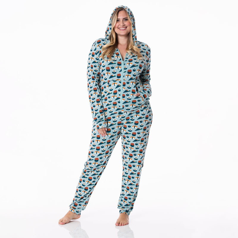 Women's Print Long Sleeve Jumpsuit with Hood in Jade Sushi