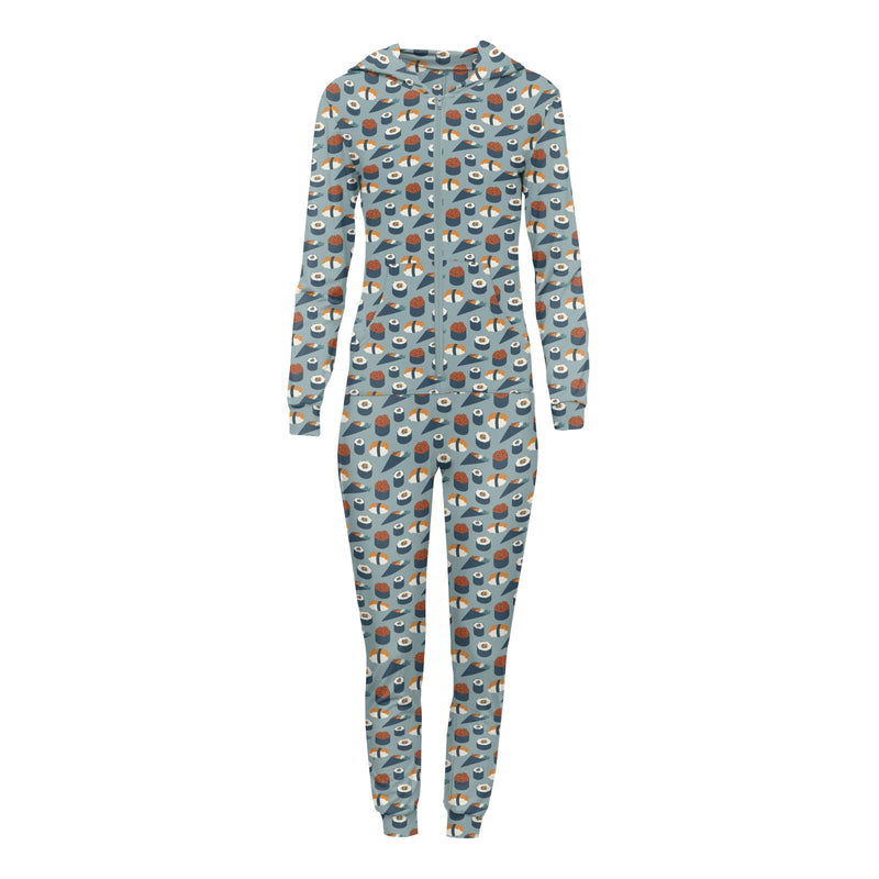Women's Print Long Sleeve Jumpsuit with Hood in Jade Sushi