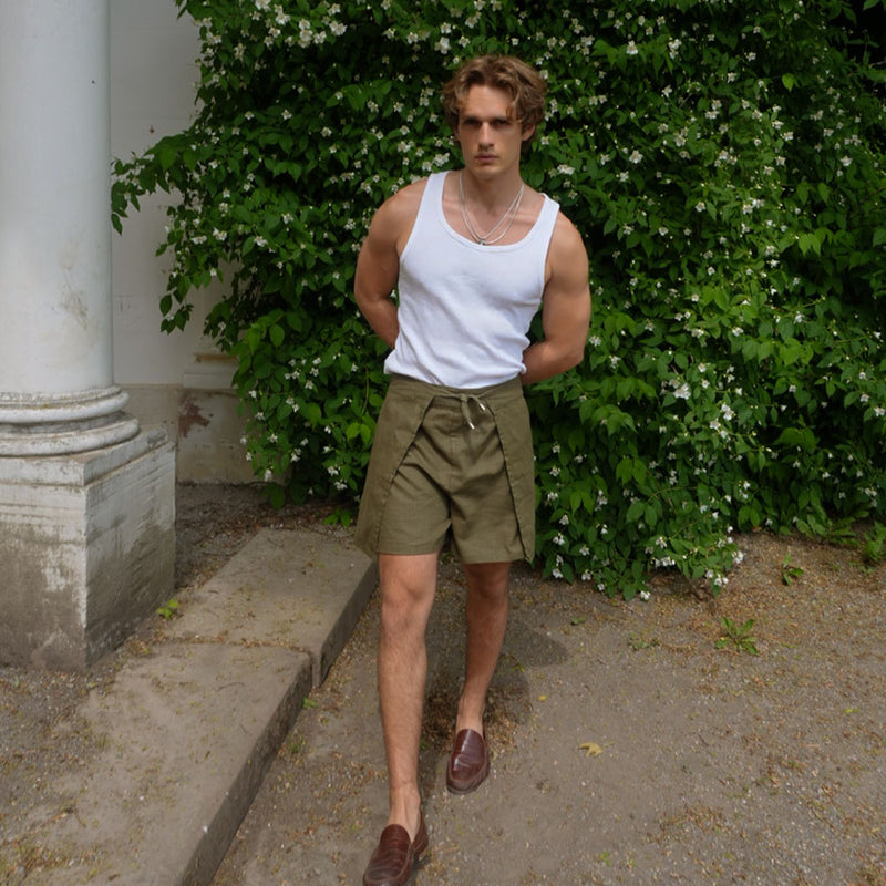 Linen Wrap Shorts - Olive Green