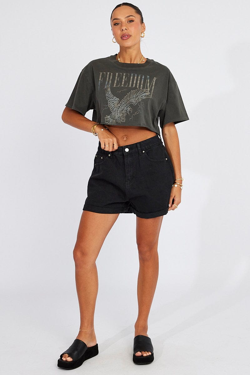 Grey Graphic Tee Short Sleeve Crop Round Neck