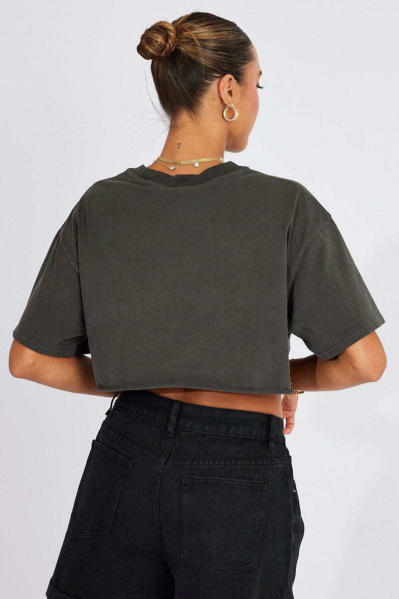 Grey Graphic Tee Short Sleeve Crop Round Neck