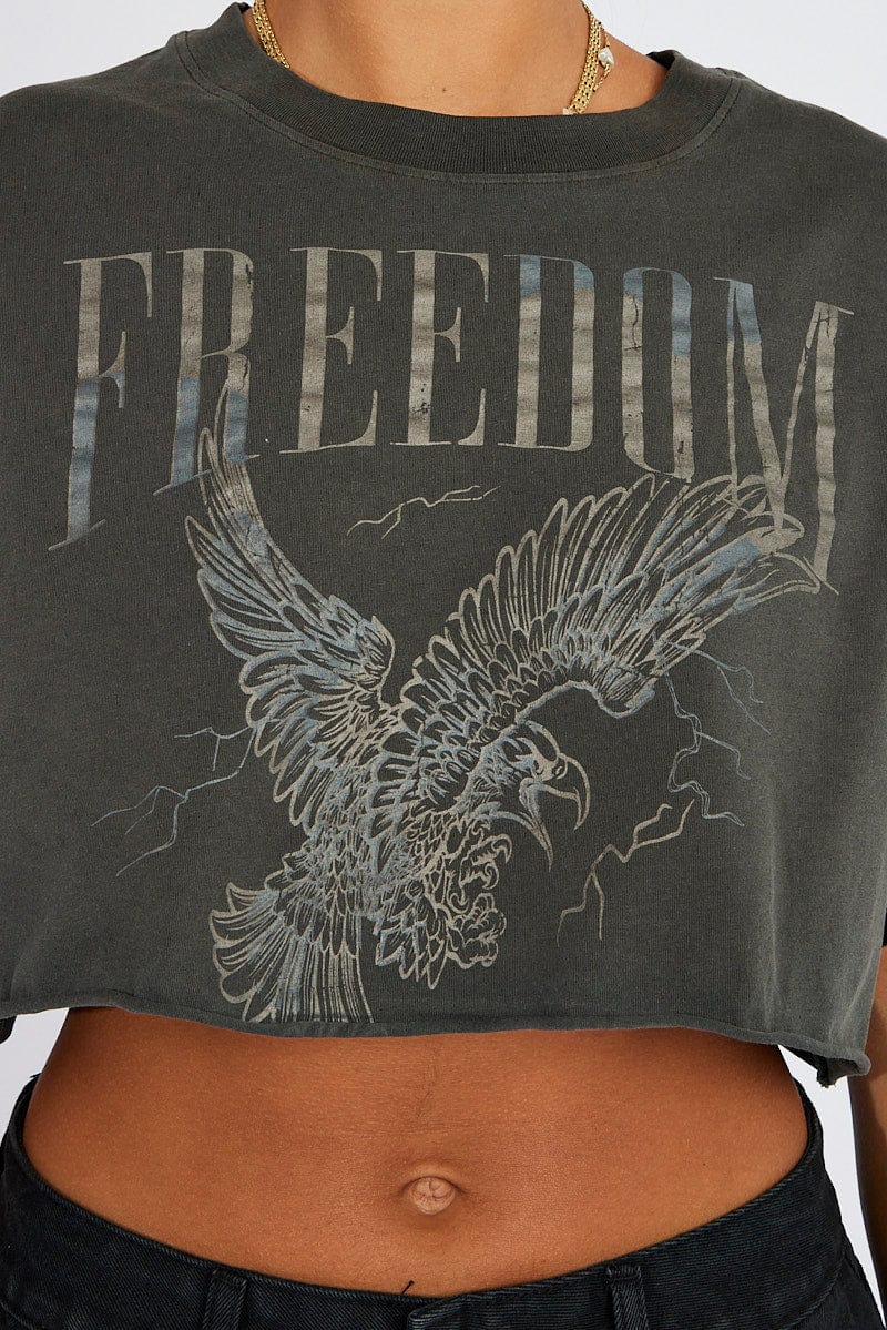 Grey Graphic Tee Short Sleeve Crop Round Neck