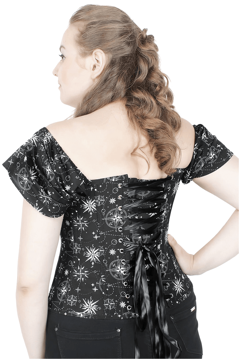 Nautical Print Corset Top with Off-Shoulder Sleeves