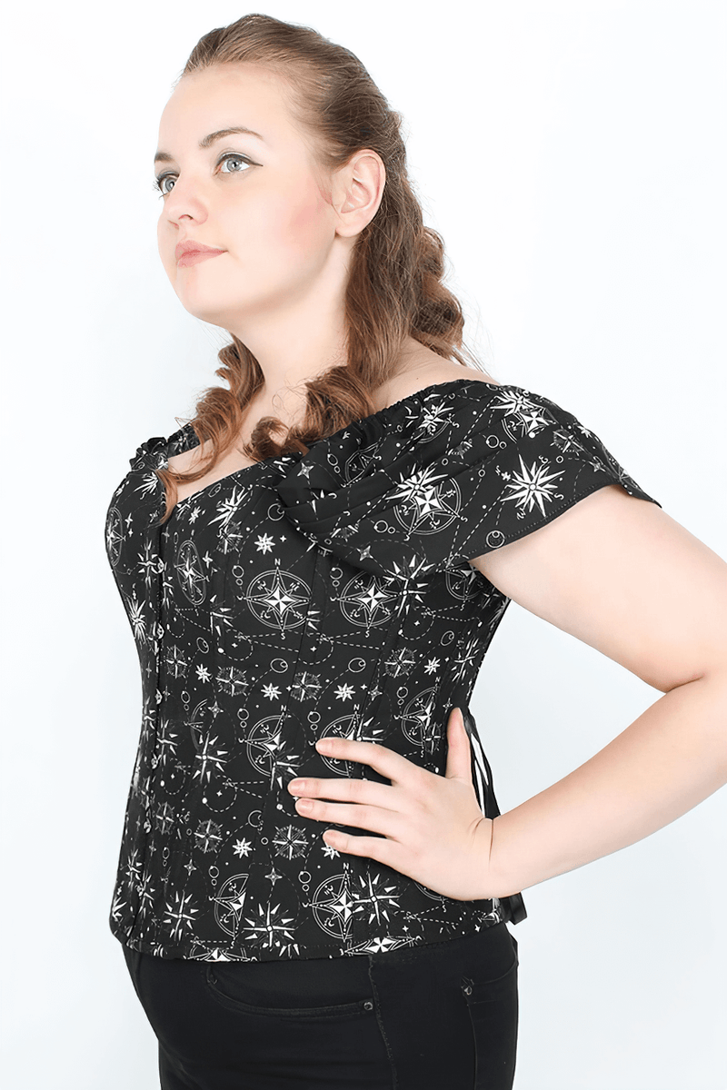 Nautical Print Corset Top with Off-Shoulder Sleeves