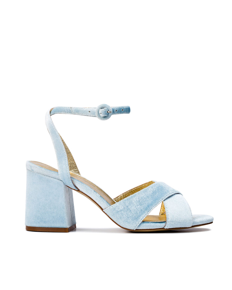 DOVE - BLUE VELVET BLOCK HEEL BRIDAL SHOES - SALE