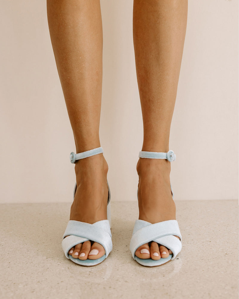 DOVE - BLUE VELVET BLOCK HEEL BRIDAL SHOES - SALE