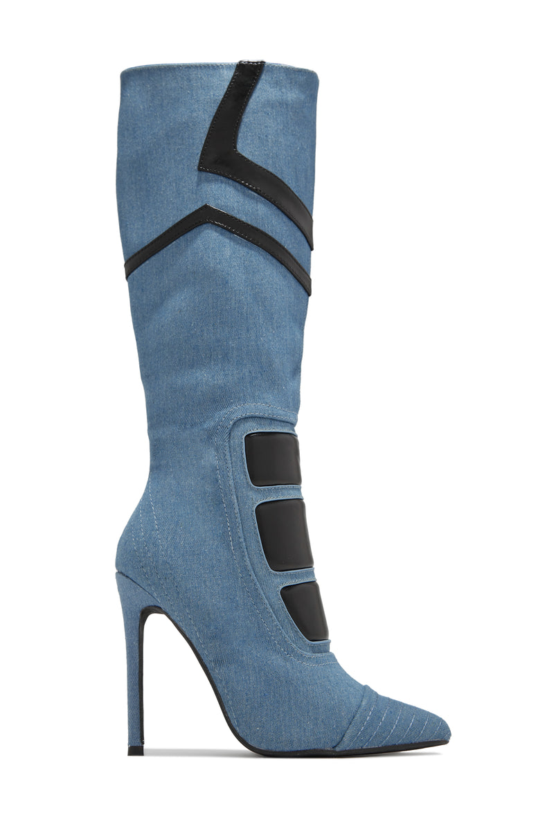 Midnight Sky Moto Style Knee High Heel Boots - Denim