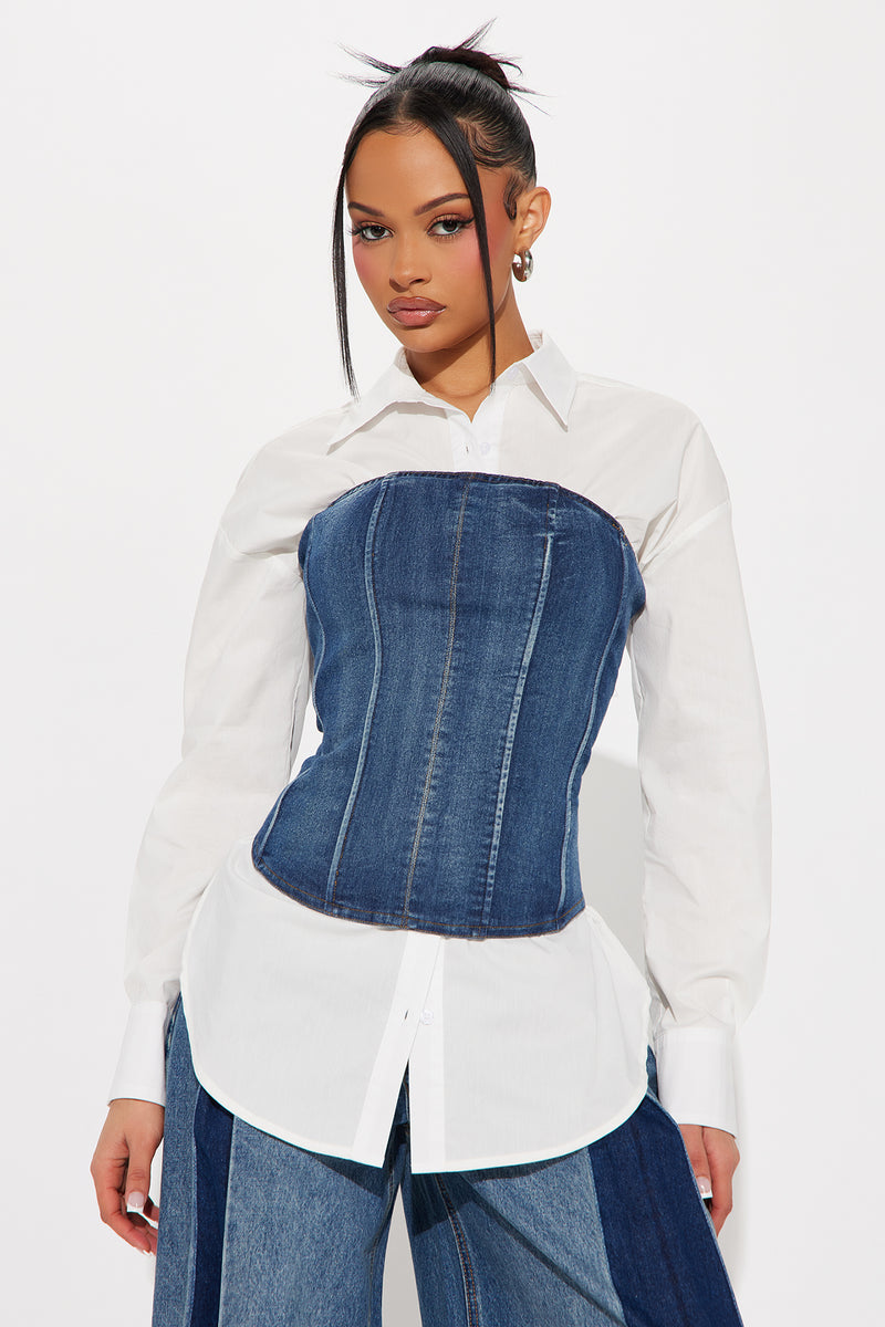 No Attitude Shirt Corset Top - White/Blue