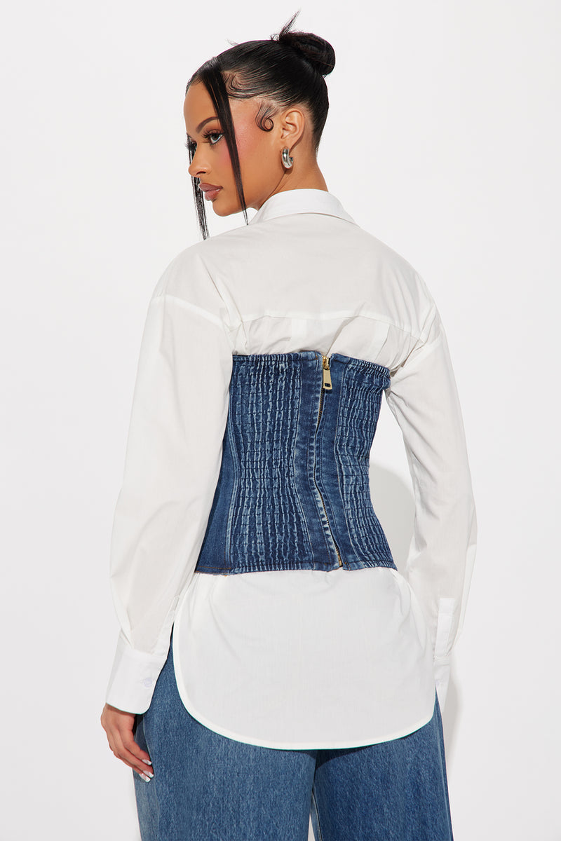 No Attitude Shirt Corset Top - White/Blue
