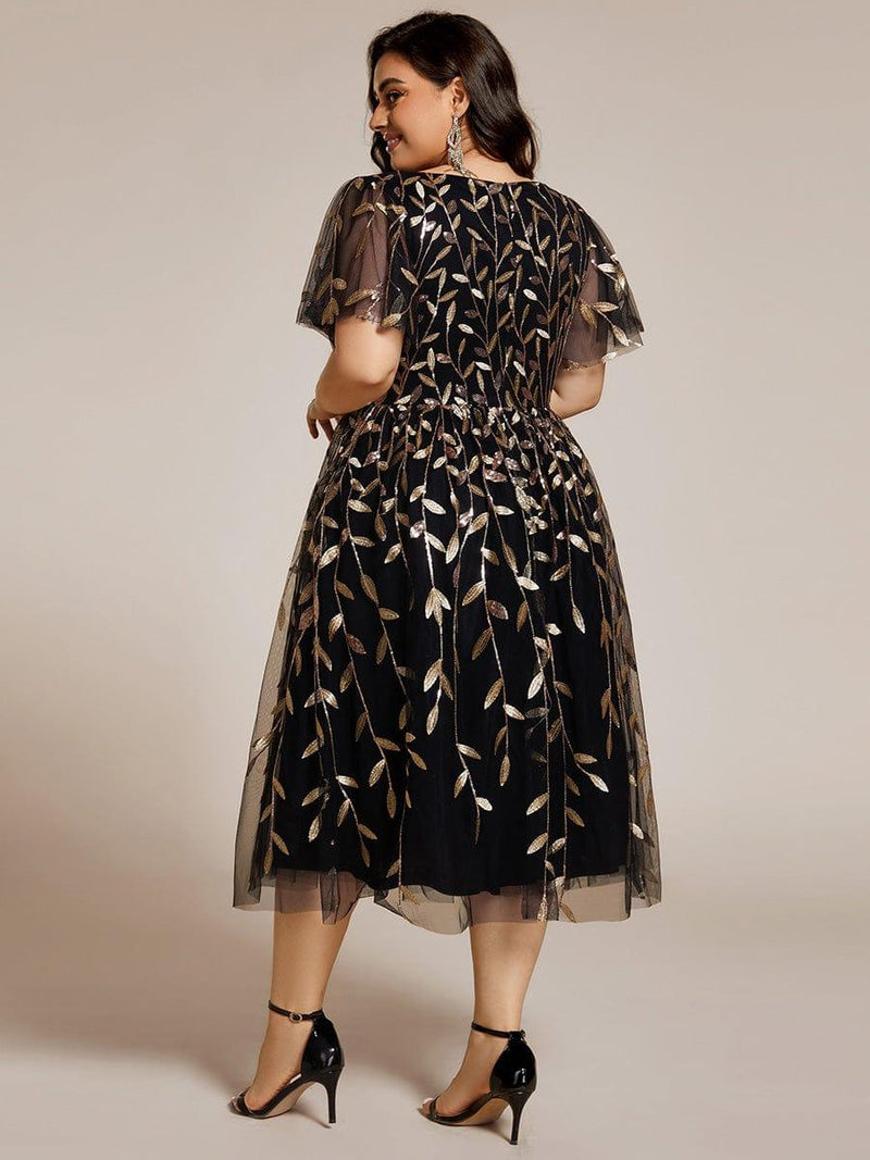 pretty SIMONE|Plus Size Sparkly A-Line Midi Tulle Formal Wedding Guest Dress with Leaf Sequin