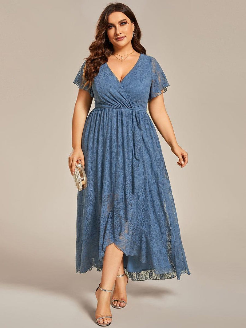 pretty ELISE|Plus Size Short Sleeve Ruffled V-Neck A-Line Lace Wedding Guest Dress