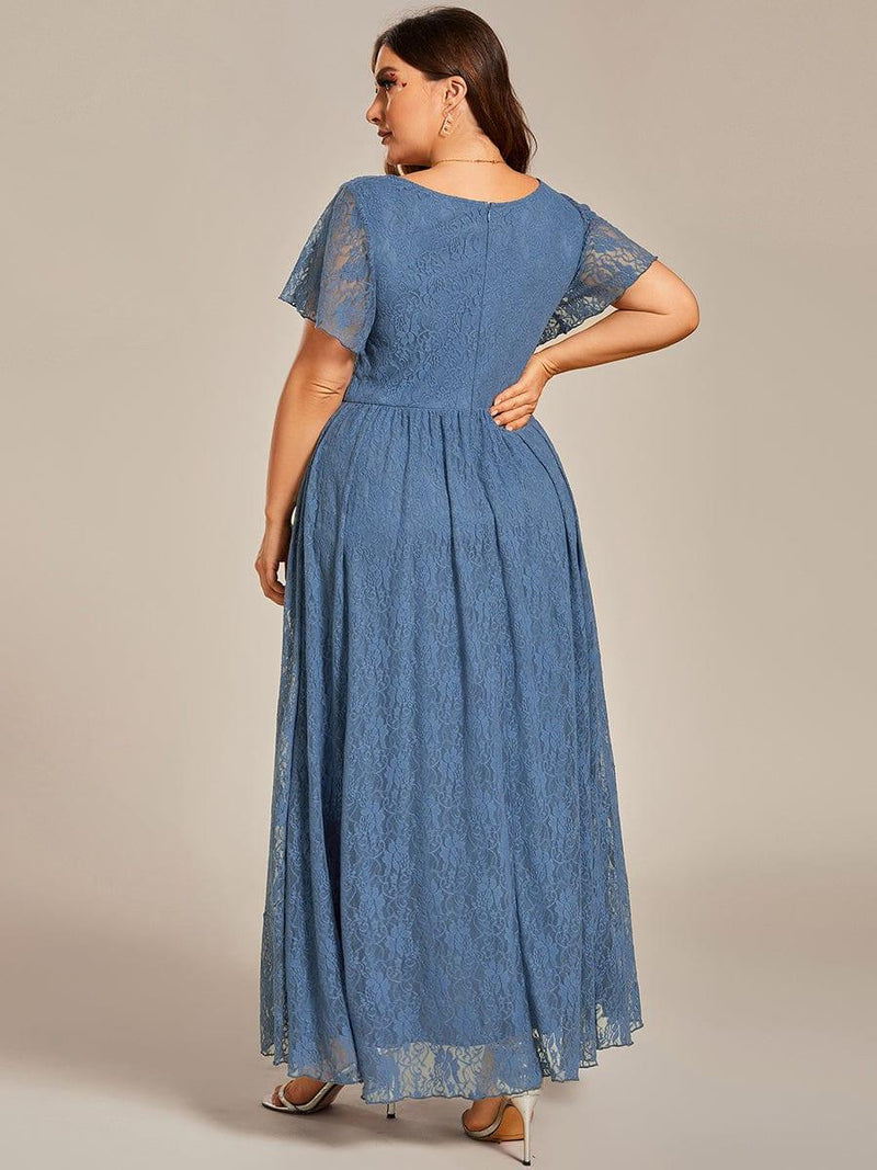pretty ELISE|Plus Size Short Sleeve Ruffled V-Neck A-Line Lace Wedding Guest Dress