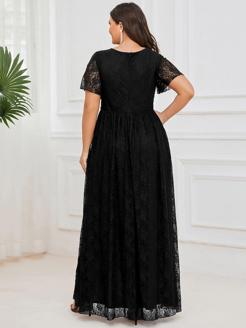 pretty ELISE|Plus Size Short Sleeve Ruffled V-Neck A-Line Lace Wedding Guest Dress