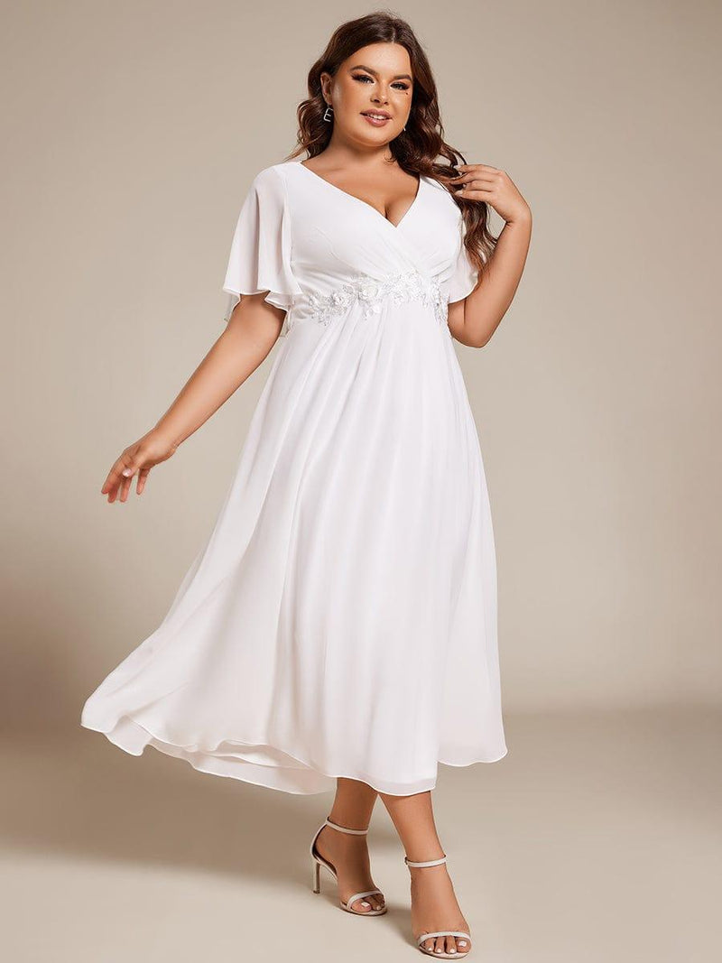 pretty DAHLIA|Plus Size V-Neck Chiffon Midi Wedding Guest Dress with Waist Applique