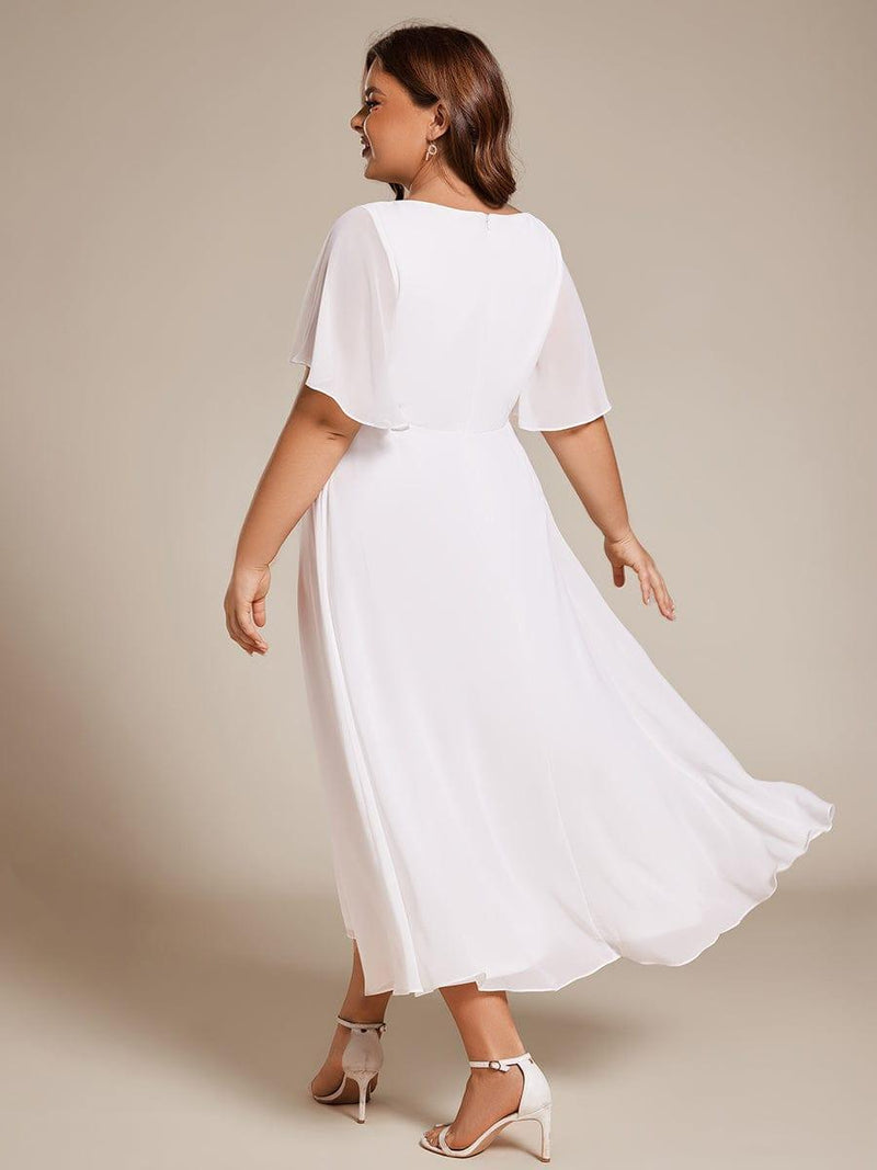 pretty DAHLIA|Plus Size V-Neck Chiffon Midi Wedding Guest Dress with Waist Applique
