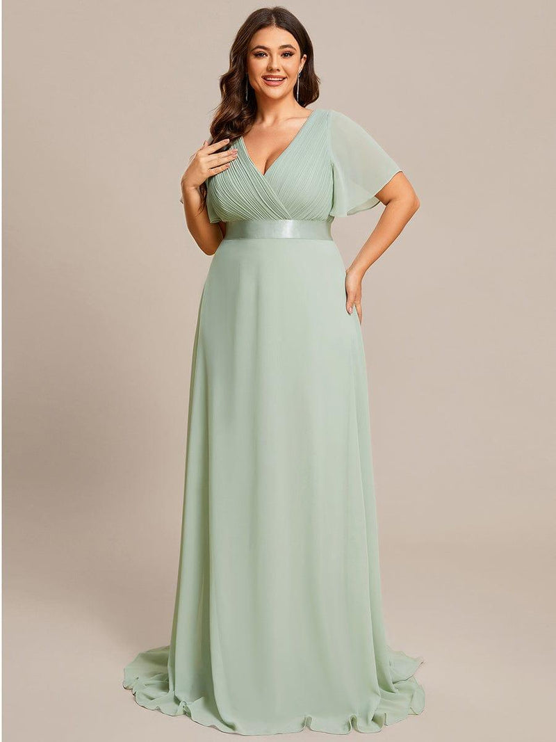pretty MONICA|Plus Size Long Empire Waist Bridesmaid Dress with Short Flutter Sleeves