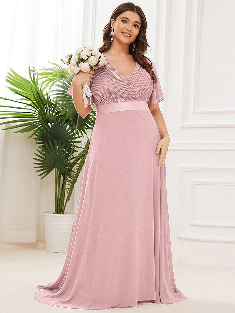 pretty MONICA|Plus Size Long Empire Waist Bridesmaid Dress with Short Flutter Sleeves