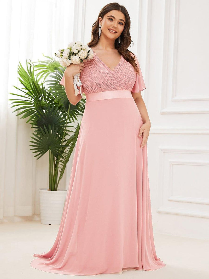 pretty MONICA|Plus Size Long Empire Waist Bridesmaid Dress with Short Flutter Sleeves