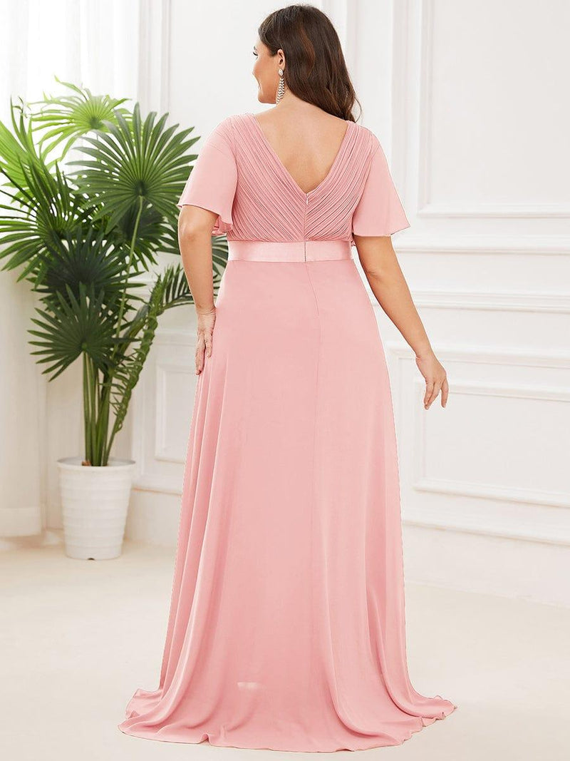 pretty MONICA|Plus Size Long Empire Waist Bridesmaid Dress with Short Flutter Sleeves