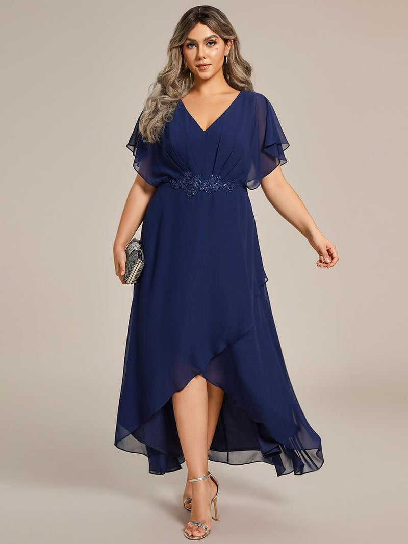 pretty LILAS|Plus Size Waist Applique A-Line Chiffon V-Neck Evening Dress