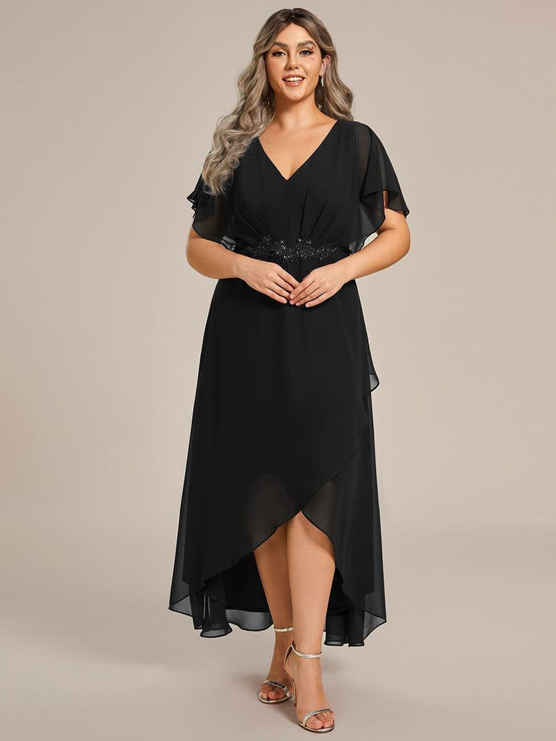 pretty LILAS|Plus Size Waist Applique A-Line Chiffon V-Neck Evening Dress