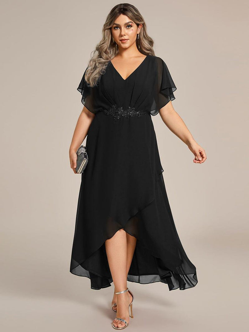 pretty LILAS|Plus Size Waist Applique A-Line Chiffon V-Neck Evening Dress
