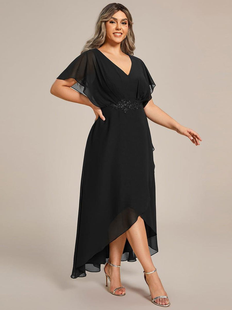 pretty LILAS|Plus Size Waist Applique A-Line Chiffon V-Neck Evening Dress