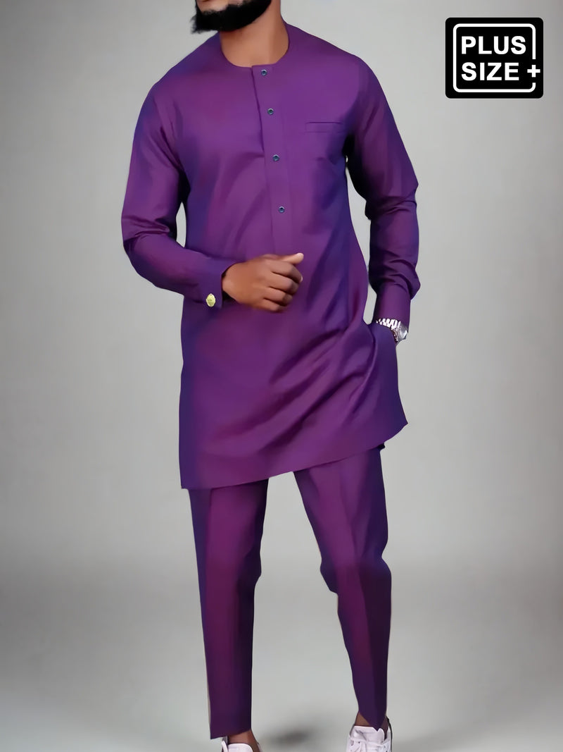 Plus Size African Plain Purple Long Sleeve Men's Set