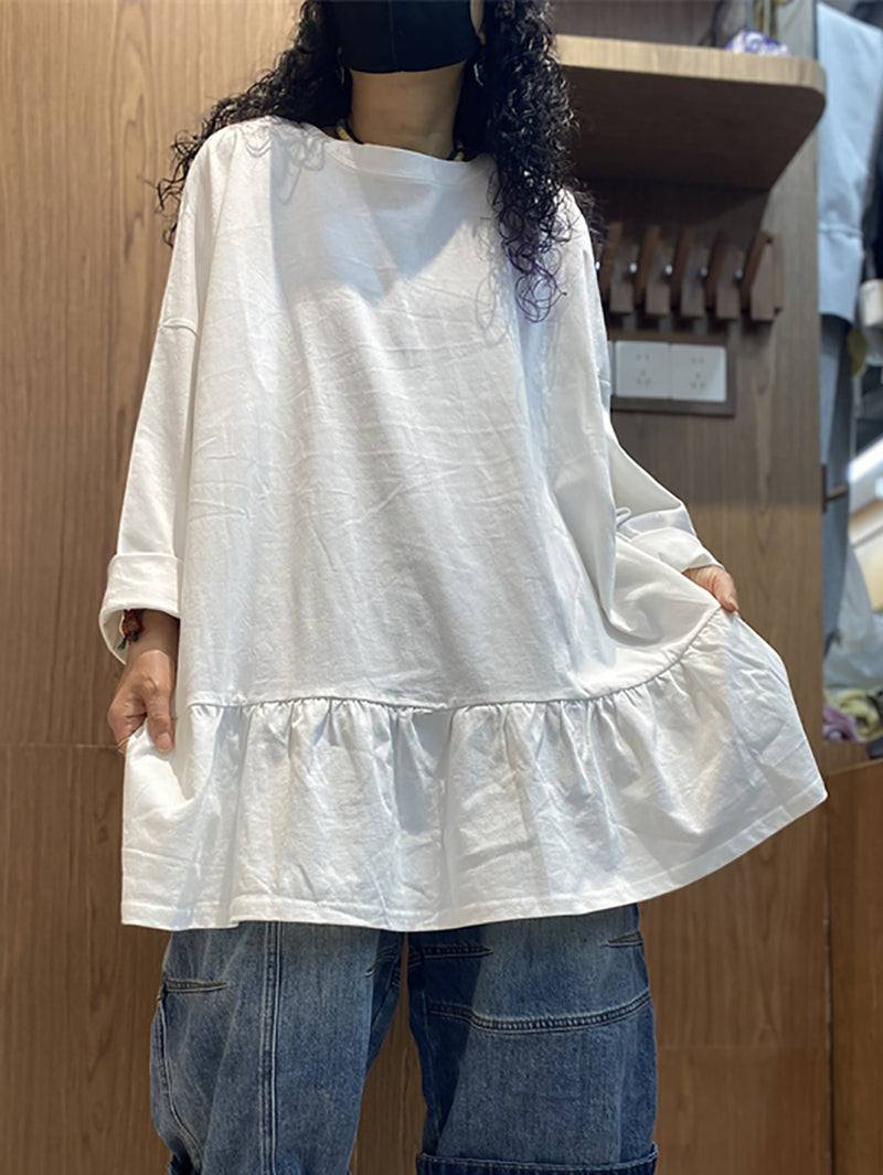 Plus Size Women Spring Pure Color Ruffles Hem Cotton Shirt