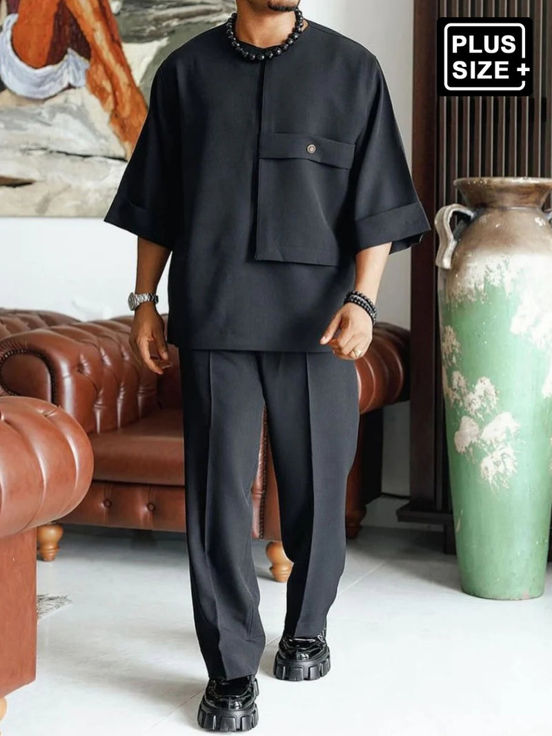 Plus Size New Black Round Neck Men's Pants Set