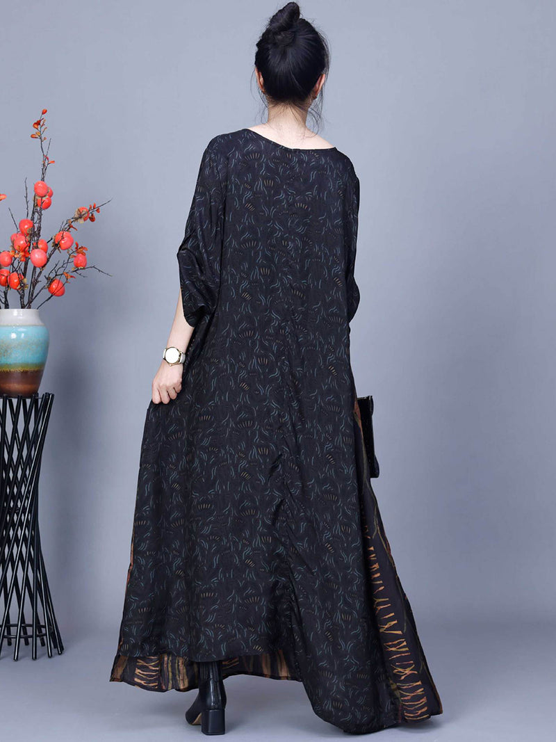 Plus Size Women Spring Vintage Spliced Loose O-Neck Dress