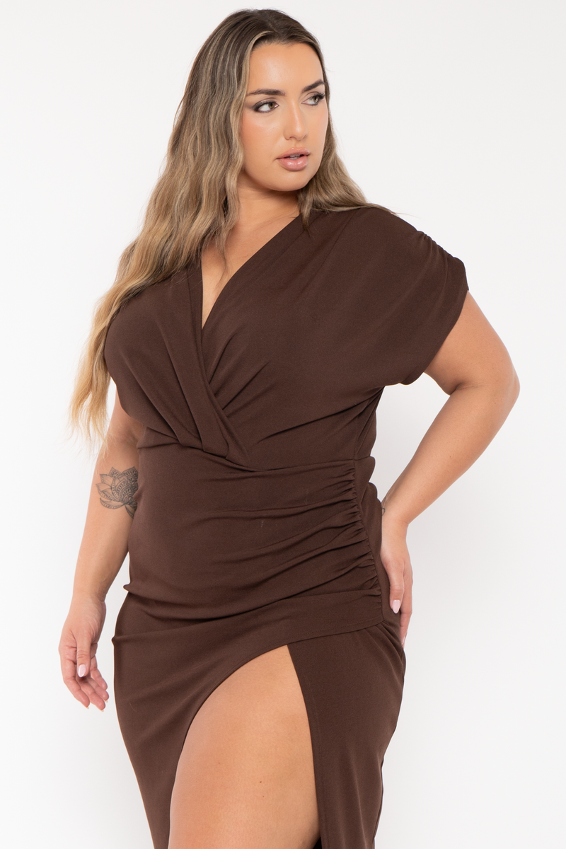 Plus Size Ellie Rib  Midi  Dress - Brown