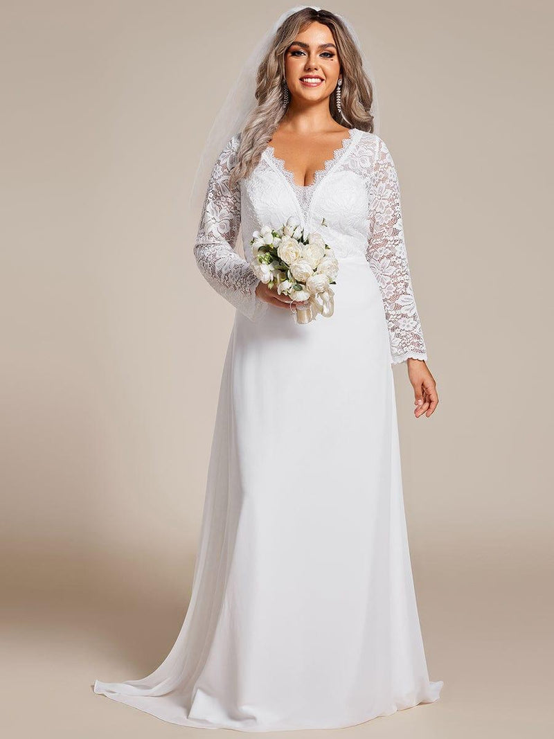 THE ICON'S BRIDE|Plus Size Elegant Lace Chiffon Long Sleeves A-Line Wedding Dress