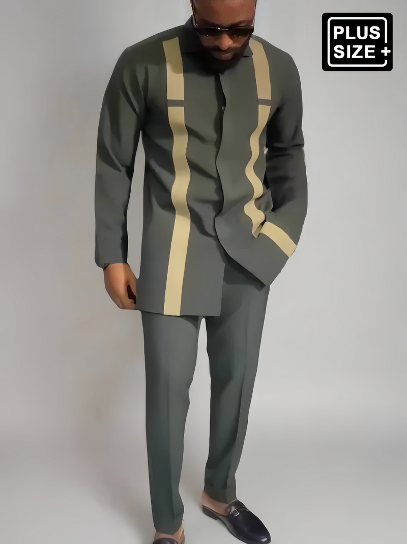 Plus Size Turndown Collar Colorblock Men's Set