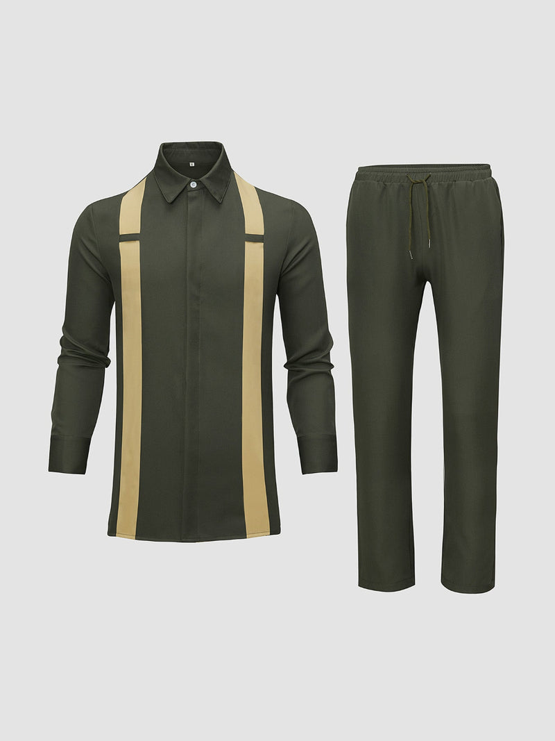 Plus Size Turndown Collar Colorblock Men's Set