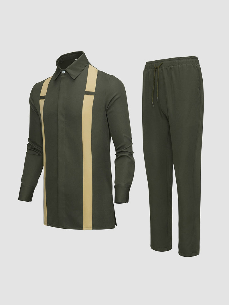 Plus Size Turndown Collar Colorblock Men's Set