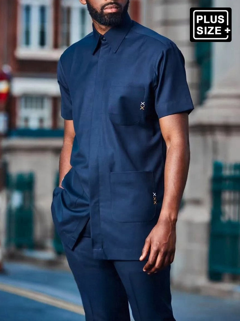Plus Size Short Sleeve Button Down Men's Set
