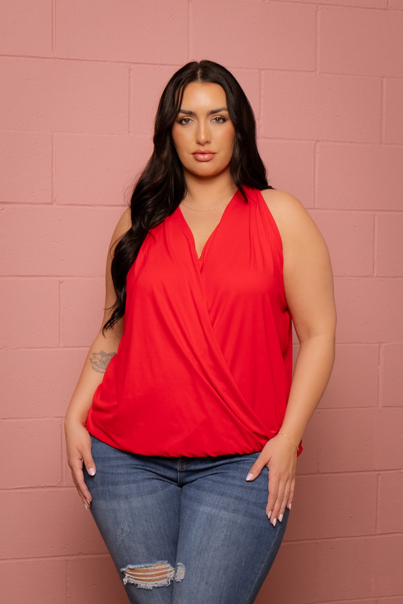 Plus Size  Surplice Halter Top - Red