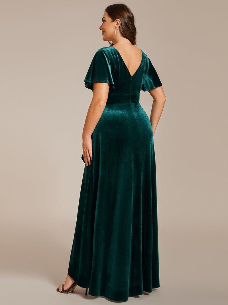 pretty SYLVA|Plus Size Lotus Leaf Hem A-Line V-Neck Ruffles Sleeve Velvet Evening Dress