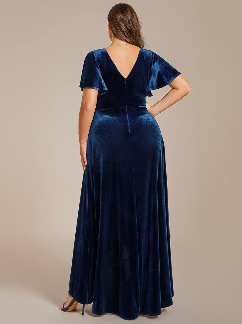 pretty SYLVA|Plus Size Lotus Leaf Hem A-Line V-Neck Ruffles Sleeve Velvet Evening Dress