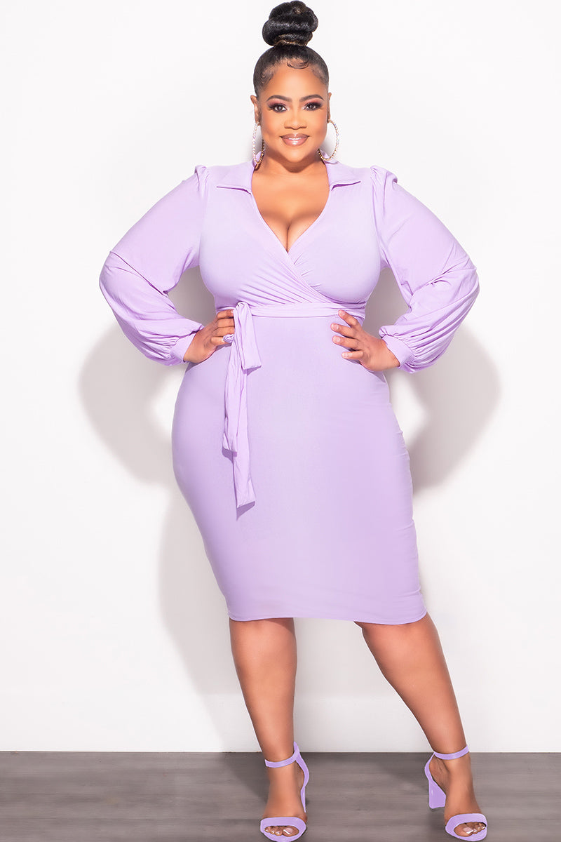 Final Sale Plus Size Collar Faux Wrap Belted BodyCon Dress in Lavender