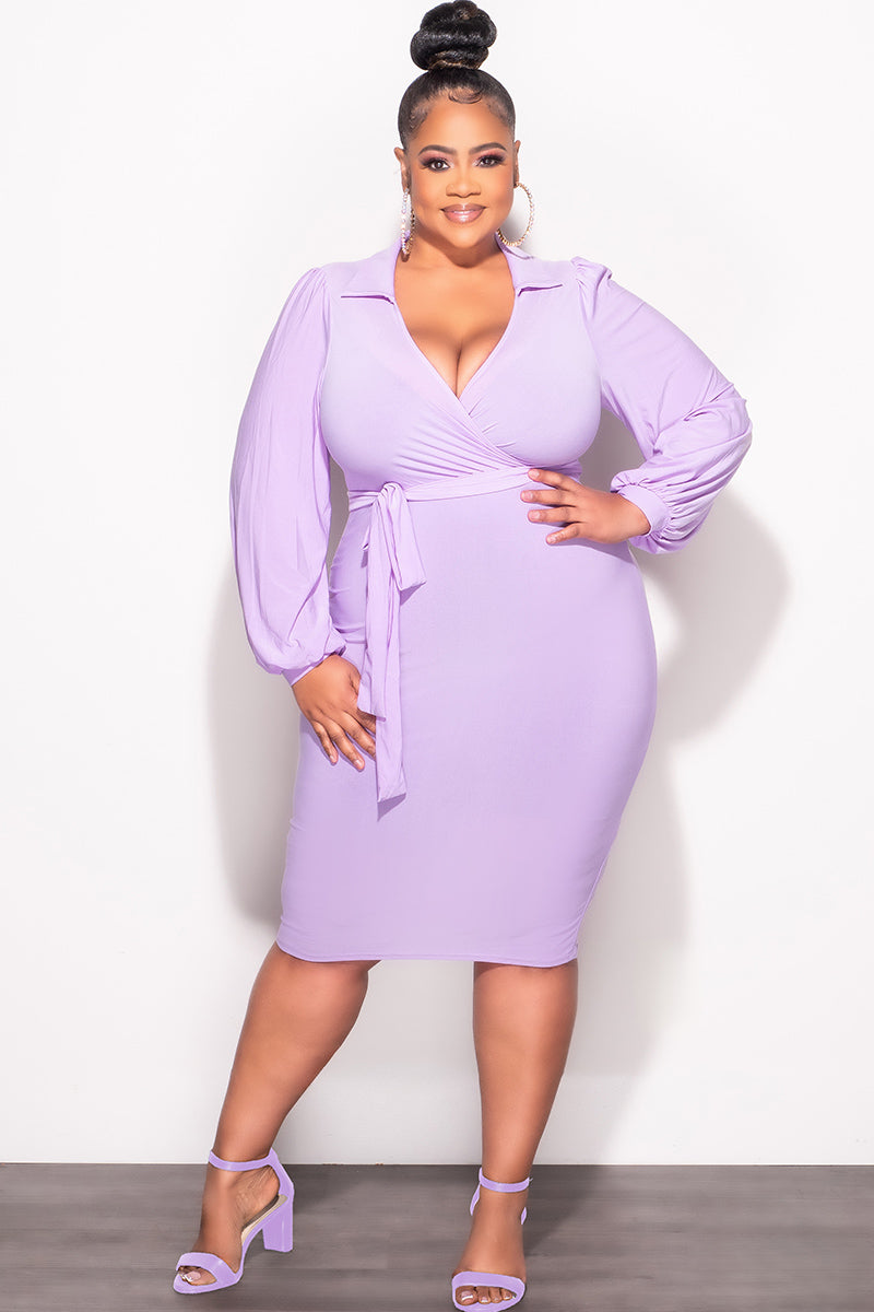 Final Sale Plus Size Collar Faux Wrap Belted BodyCon Dress in Lavender