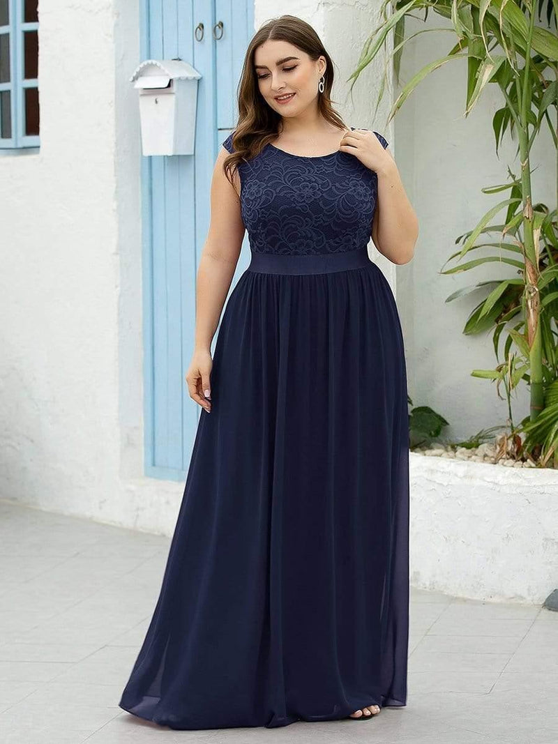 Plus Size Classic Round Neck V Back A-Line Chiffon Bridesmaid Dresses with Lace(Final Sale)