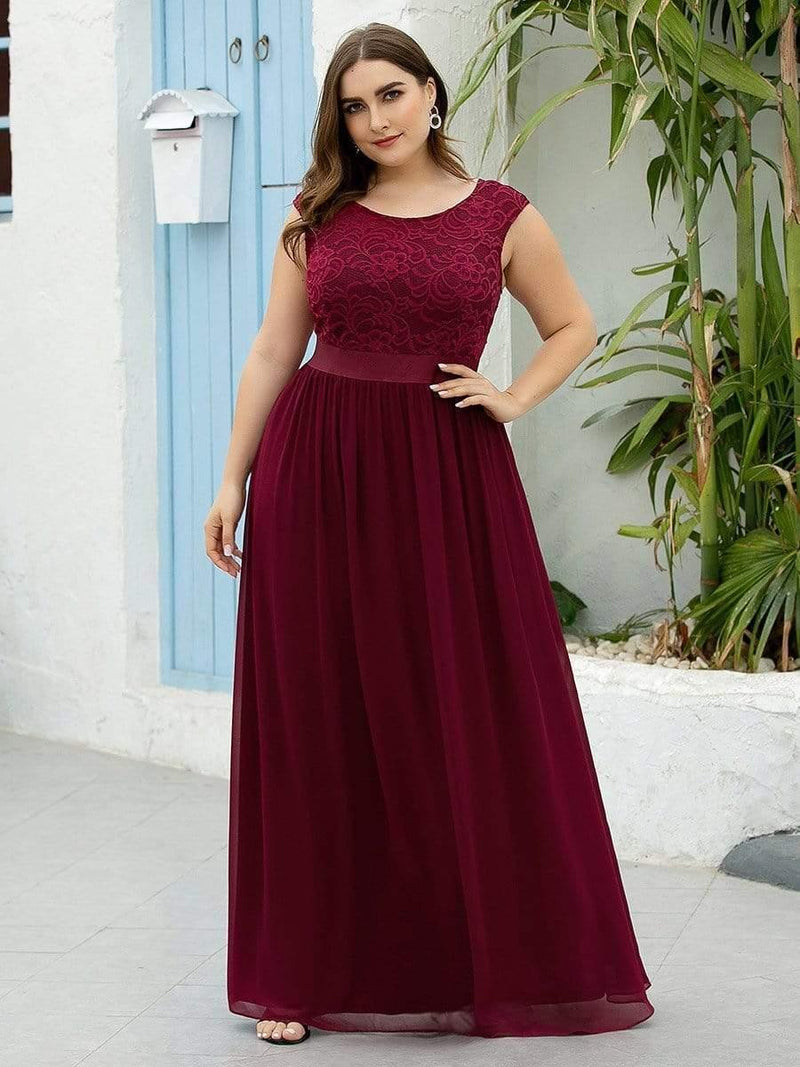 Plus Size Classic Round Neck V Back A-Line Chiffon Bridesmaid Dresses with Lace(Final Sale)
